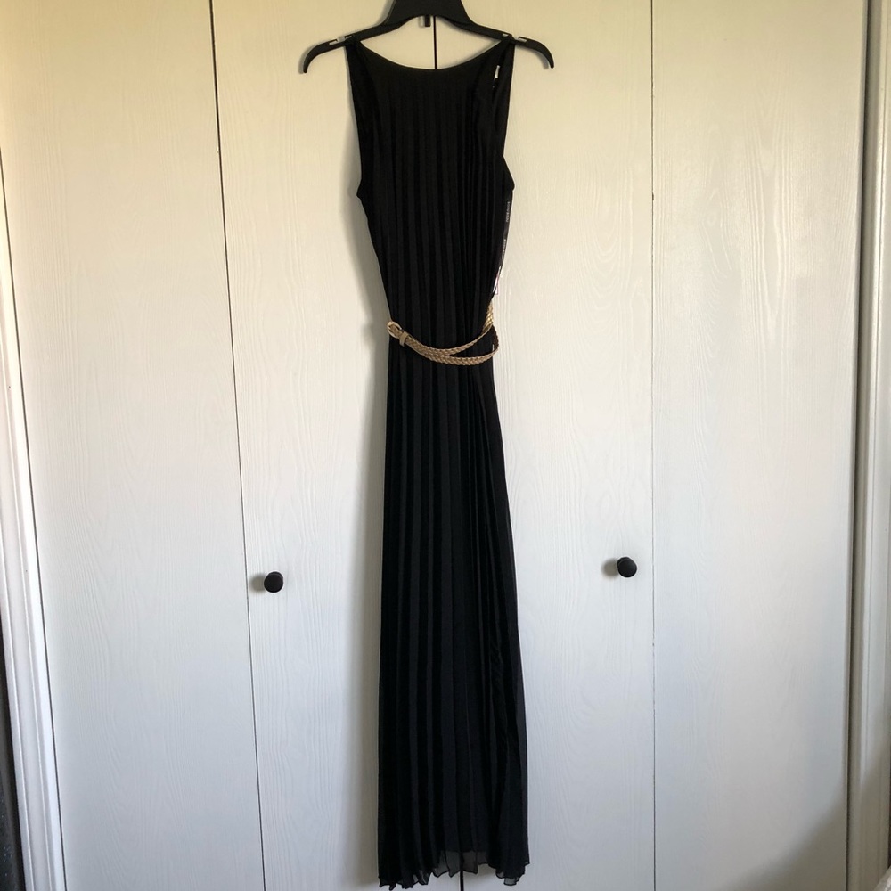 Black Pleated Maxi Dress with Gold Belt